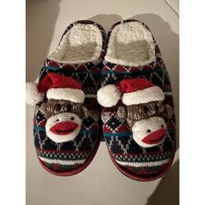Christmas Sock Monkey Slippers Non-slip Soft Plush Knit Women's Small 5/6 NEW